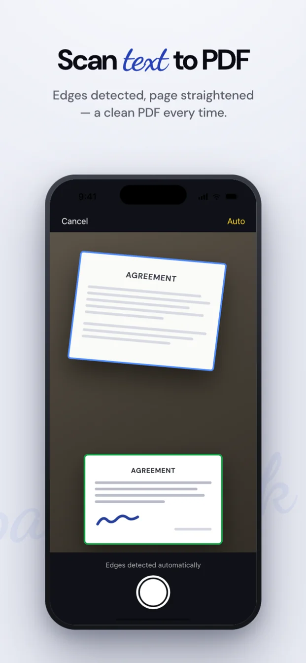 Scan text to PDF: edges detected, page straightened, a clean PDF every time